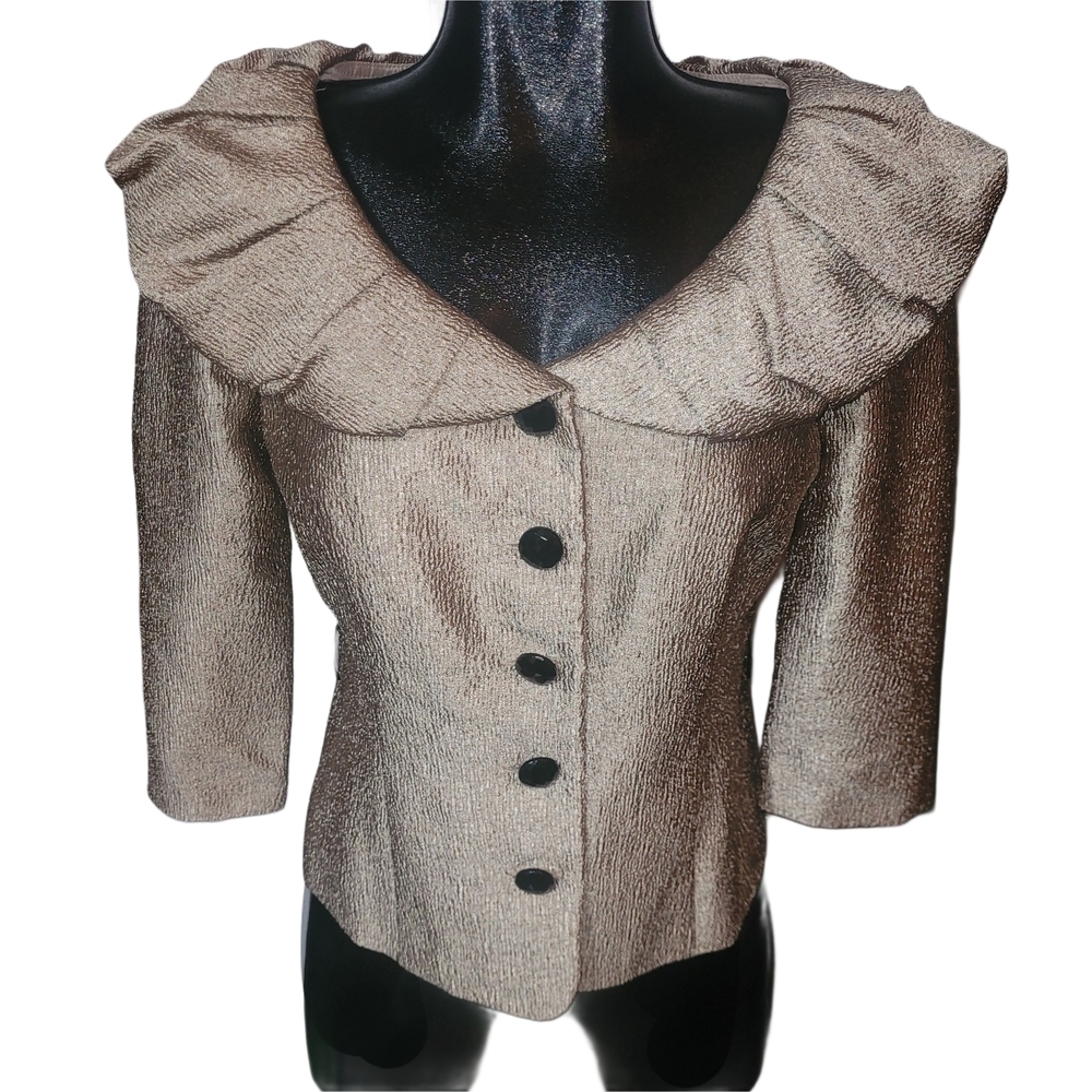 Laura Gold Toned Ruffled Puff Collar Blazer With Cropped Sleeves Size 12